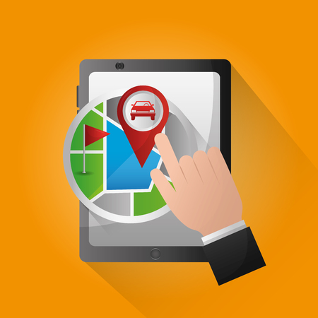 gps navigation application orange background hand pointed screen sticker location car ubication vector illustrationのイラスト素材