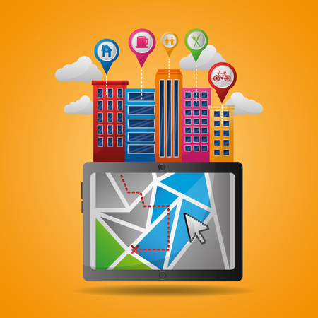 gps navigation application high buildings arrival point locations places ubication vector illustrationのイラスト素材