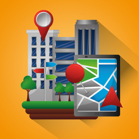 gps navigation application buildings technology app pin maps vector illustrationのイラスト素材