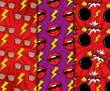 comic pop art banners lips crash boom glasses vector illustrationのイラスト素材