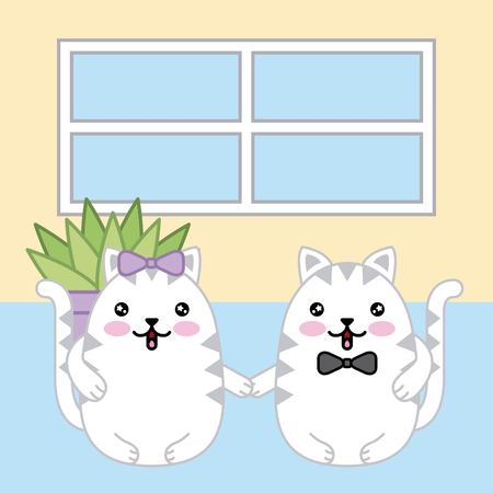 couple cats holds hands animal cartoon vector illustrationのイラスト素材