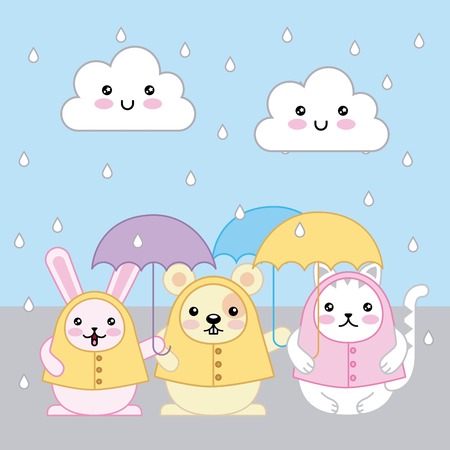 rabbit cat and mouse with umbrellas and raincoats cartoon vector illustrationのイラスト素材