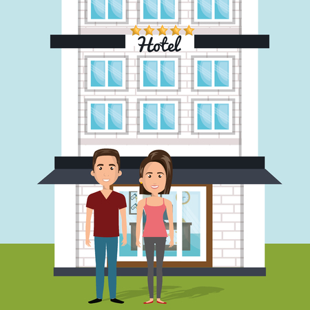 young couple outside hotel avatars characters vector illustration designのイラスト素材