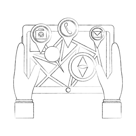 hands holds tablet with mobile gps navigation map with markers vector illustration sketchのイラスト素材