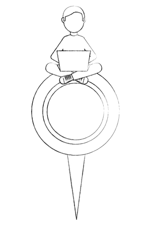 guy sit in pin map with laptop device vector illustration sketchのイラスト素材