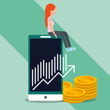 woman sitting in mobile and chart money vector illustrationのイラスト素材
