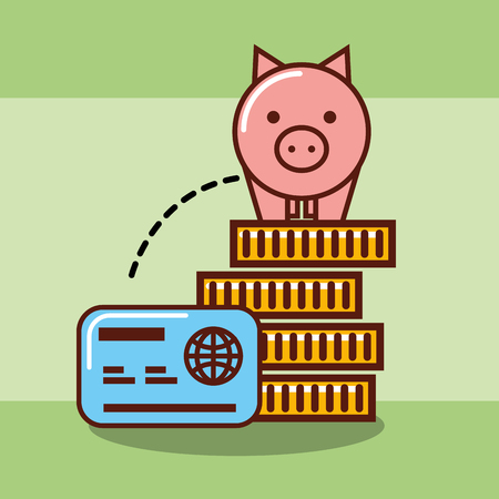 piggy bank on stacked coins money and credit card vector illustrationのイラスト素材