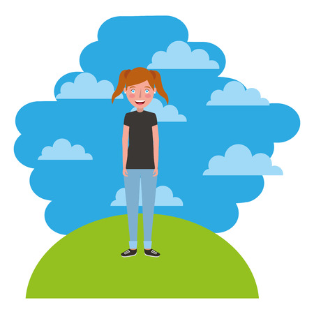 Young girl avatar in the landscape character vector illustration designのイラスト素材