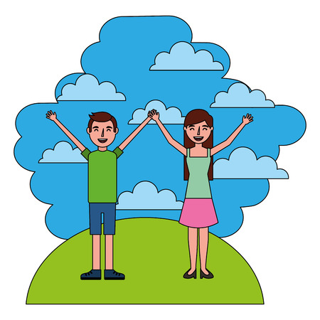 couple celebrating in landscape isolated icon vector illustration designのイラスト素材