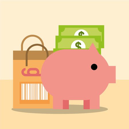Online shopping commerce piggy bank bag and money currency vector illustration.のイラスト素材