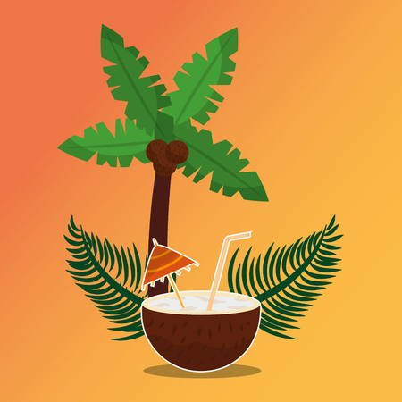 Summer time tropical cocktail coconut and palm tree vector illustration.のイラスト素材