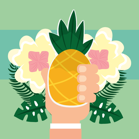 Summer time hand holding tropical pineapple flowers natural vector illustration.のイラスト素材
