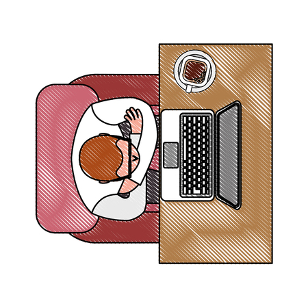 aerial view of man working with computer and cup coffee vector illustration designのイラスト素材