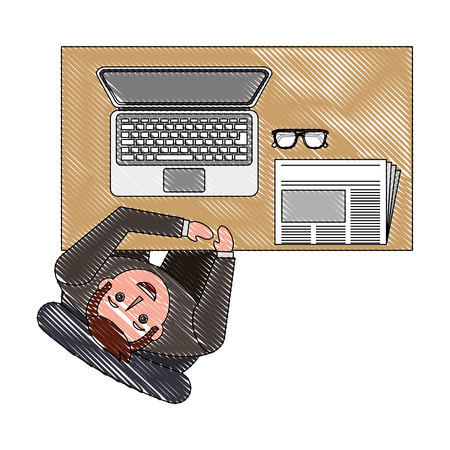 businessman looking up working on laptop newspaper in the office vector illustrationのイラスト素材