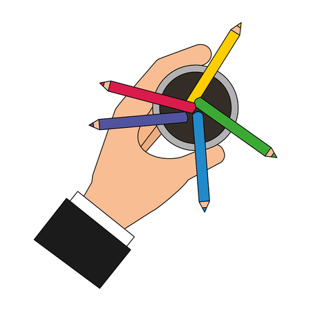 aerial view of colored pencils holders with hand vector illustration designのイラスト素材