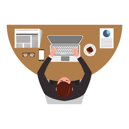 top view businessman typing in laptop with mobile papers and coffee cup vector illustrationのイラスト素材