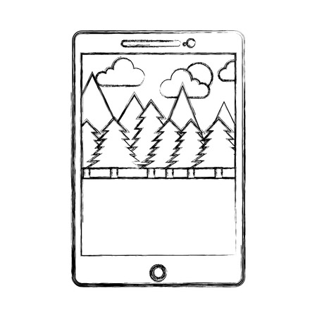 tablet electronic with image of landscape and pine trees vector illustration designのイラスト素材
