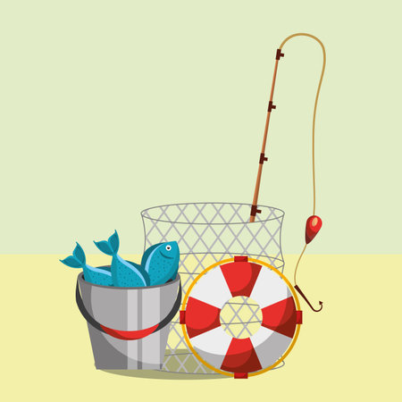 fishing equipment rod bucket fishes and basket vector illustrationのイラスト素材