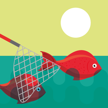 fishing net catching fishes on lake vector illustrationのイラスト素材