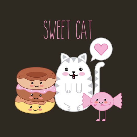 sweet cat and donut candy cartoon vector illustrationのイラスト素材