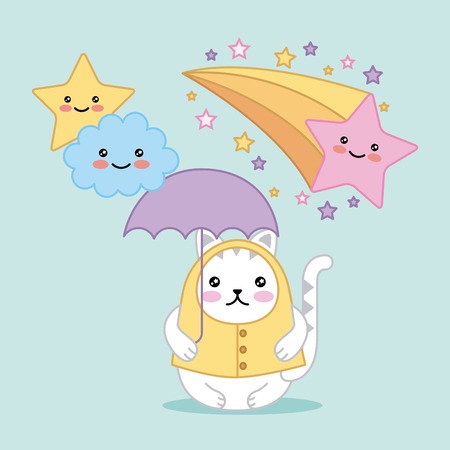 cat with umbrella clouds stars cartoon vector illustrationのイラスト素材