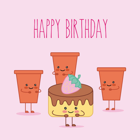 cake and soda cups cheerful cartoon vector illustration
