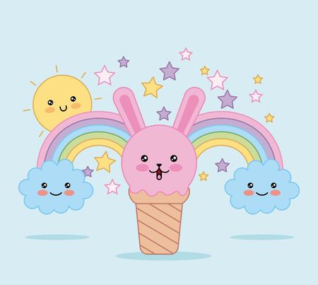 ice cream rabbit face rainbow and sun cartoon vector illustrationのイラスト素材