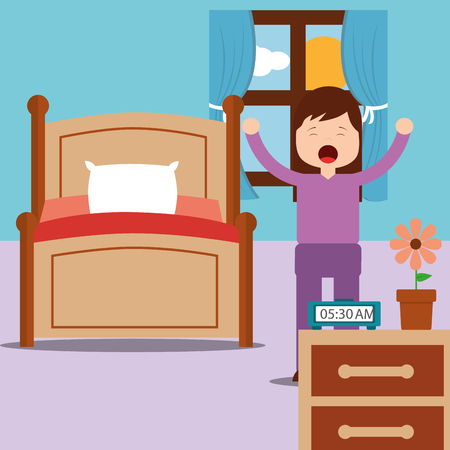 girl waking up and stertching near bed at home vector illustrationのイラスト素材