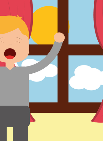 boy waking up and stertching near window morning vector illustrationのイラスト素材