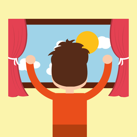 boy looking out the window morning scene vector illustrationのイラスト素材