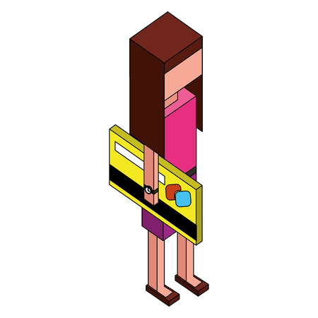 girl character holding big bank card isometric vector illustrationのイラスト素材