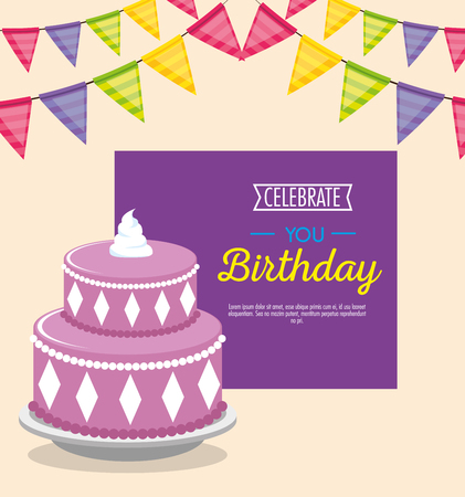 birthday card with sweet cake and garlands vector illustration designのイラスト素材