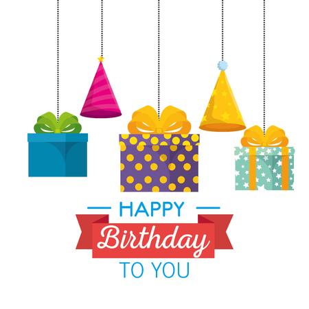 happy birthday celebration card with gifts hanging vector illustration designのイラスト素材