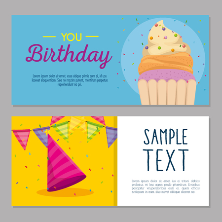 happy birthday card with cupcake and hat party vector illustration designのイラスト素材