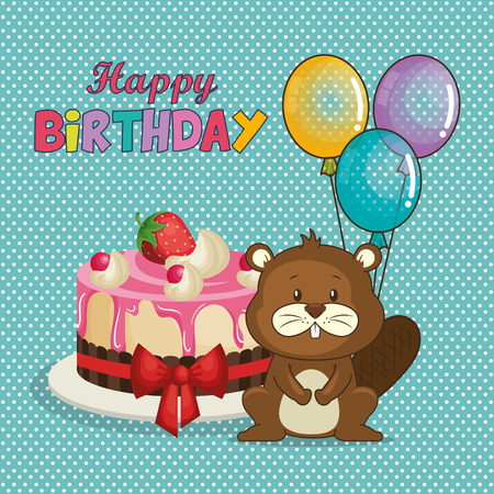 happy birthday card with cute beaver vector illustration designのイラスト素材