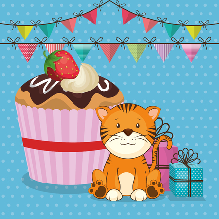 happy birthday card with cute tiger vector illustration designのイラスト素材