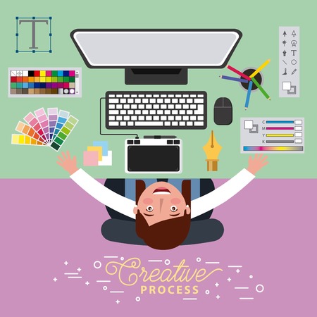 woman graphic designer working creative process on computer vector illustrationのイラスト素材