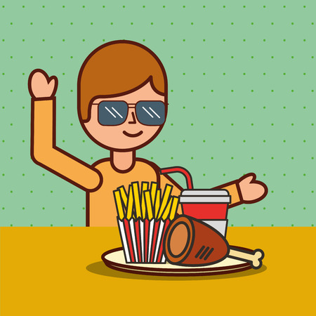 boy cartoon eating french fries chicken and soda vector illustrationのイラスト素材