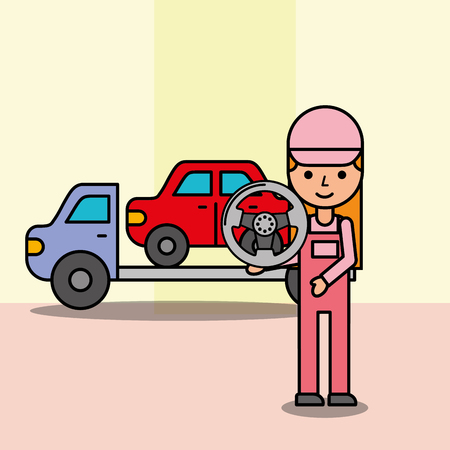 girl mechanic tow truck car steering wheel service vector illustrationのイラスト素材