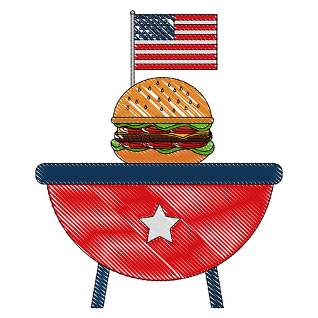 bbq grill with burger and american flag vector illustrationのイラスト素材