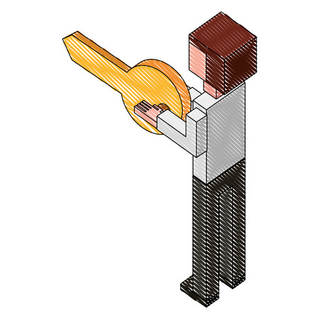 businessman holding key security back view isometric vector illustration drawingのイラスト素材