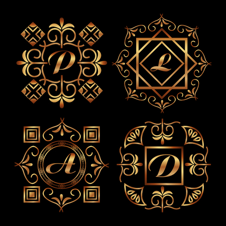 golden ornamental letters with art deco frame vintage decorative vector illustrationのイラスト素材