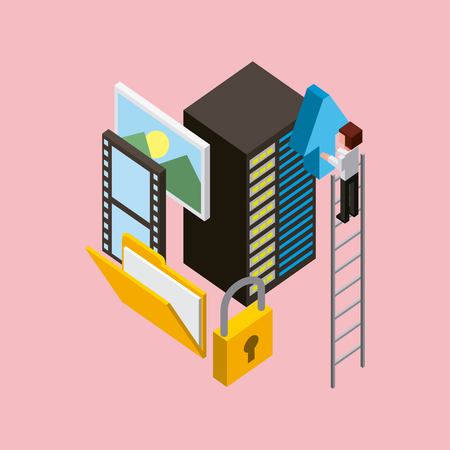 man on stair with arrow upload database cyber security cloud computing storage isometric vector illustrationのイラスト素材