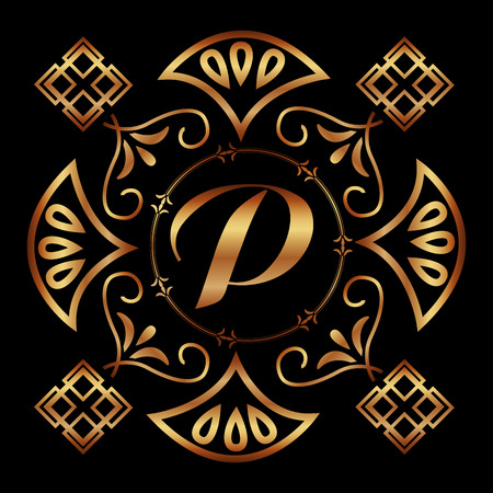 golden letter p ornament monogram frame classic vector illustrationのイラスト素材