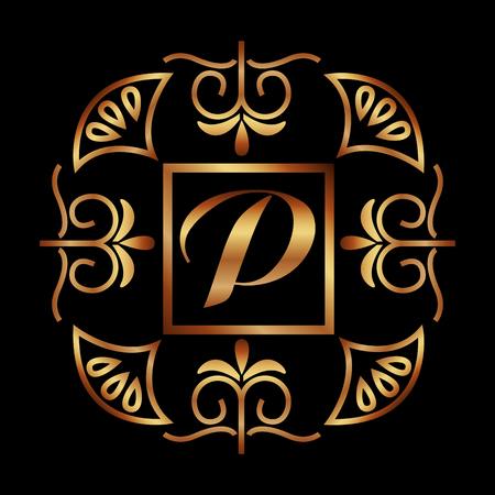 art deco border monogram p golden retro style vector illustrationのイラスト素材