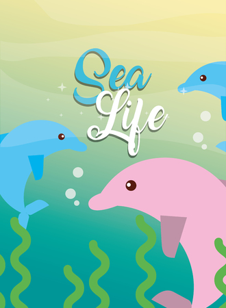 pink and blue dolphins animal under the sea life vector illustrationのイラスト素材
