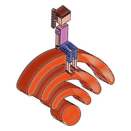 young girl sitting on internet wifi signal isometric vector illustrationのイラスト素材