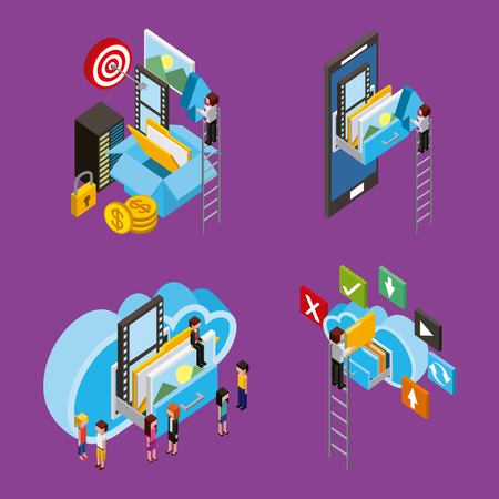 set of people with working process cloud computing storage isometricのイラスト素材