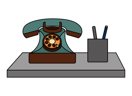 retro vintage telephone and pencils in case vector illustrationのイラスト素材