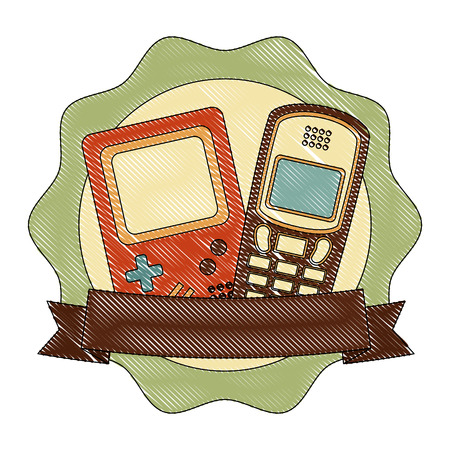 retro vintage cellphone and game console emblem vector illustration drawingのイラスト素材